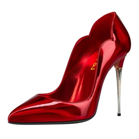 FSJ Women Fashion Metal Stilettos High Heels Closed Pointed Toe Pumps Slip On Party Wedding Daily Wear Dressy Shoes Size 6.5 Red