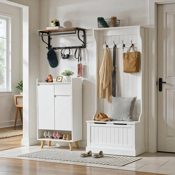 Resenkos Hall Tree with Coat Rack & Bench, White