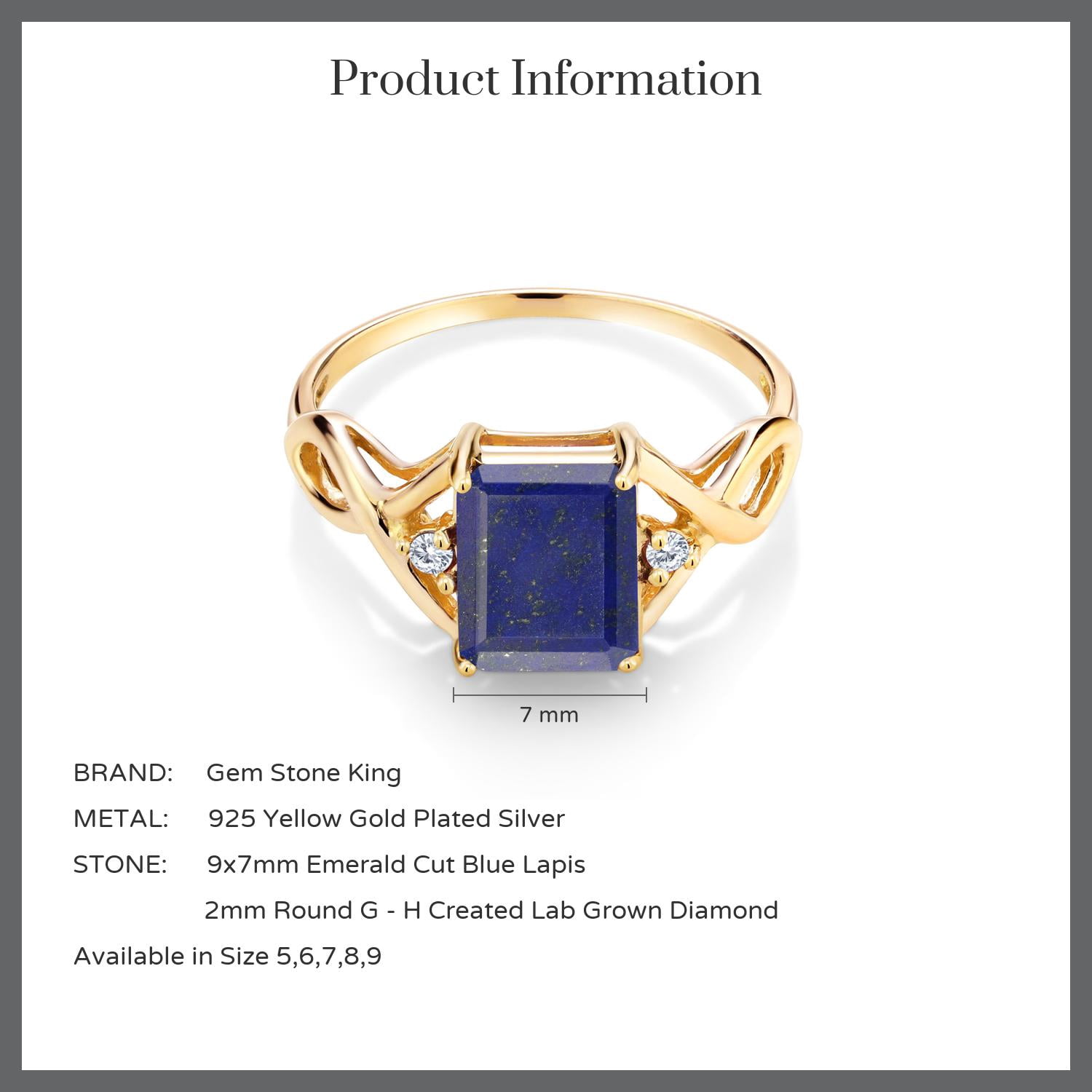 Gem Stone King 3-Stone Ring for Women | 18K Yellow Gold Plated Silver | 9X7MM Emerald Cut Gemstone Birthstone & Lab Grown Diamond | Wedding Anniversary Engagement Ring | Size 5-9 | Blue Lapis | 6