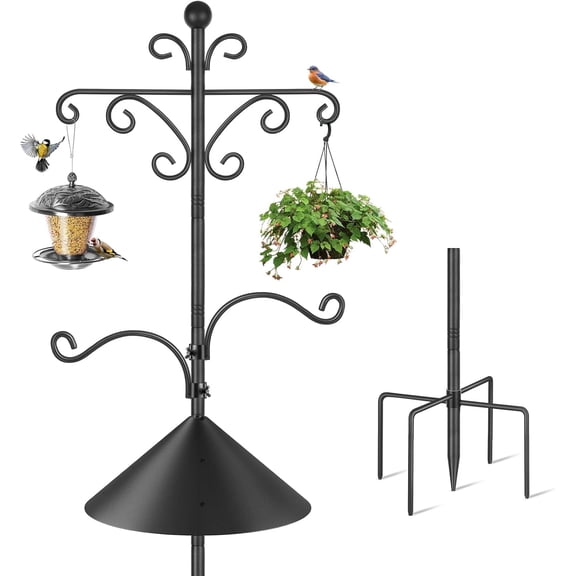 KOLAKO Bird Feeding Station, 92 inch Heavy Duty Bird Feeder Pole Squirrel Proof, Free Standing Shepherds Hooks Stand with baffle for Garden Solar Lights,Baskets hanger, Black