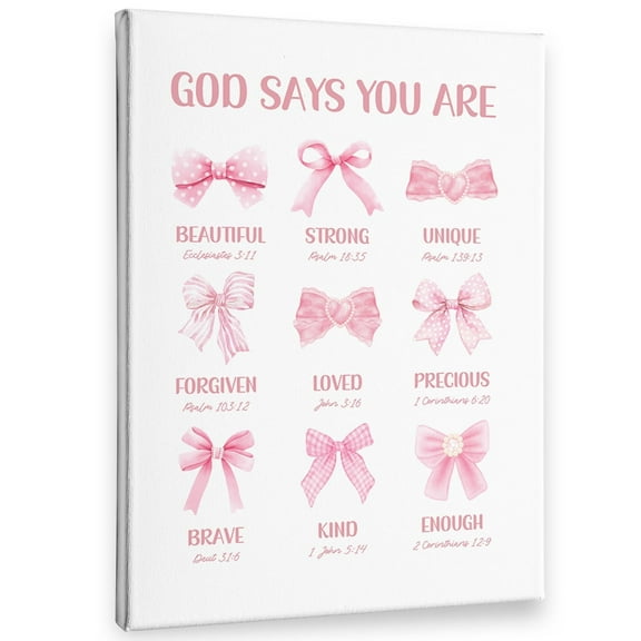 Coquette Pink Bow Christian Wall Art Decor Canvas, God Says You Are Inspirational Pictures Wall Decor Decorations Art, Preppy Bible Verse Framed Prints Artwork For Girly Room Bedroom Dorm