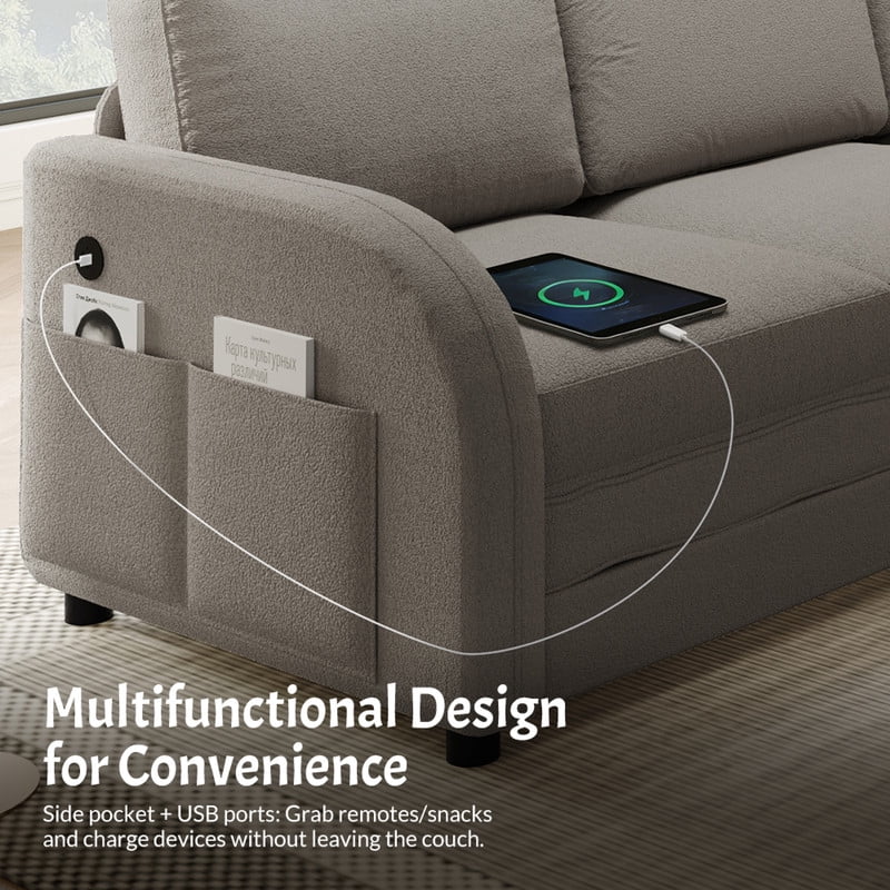 L-Shaped Sectional Sofa with Pull Out Bed, 115.2'' Convertible Sleeper Sofa with Reversible Chaise, USB Charging Ports & Side Pockets, Oversized 6-Seat Sofa Couch for Living Room