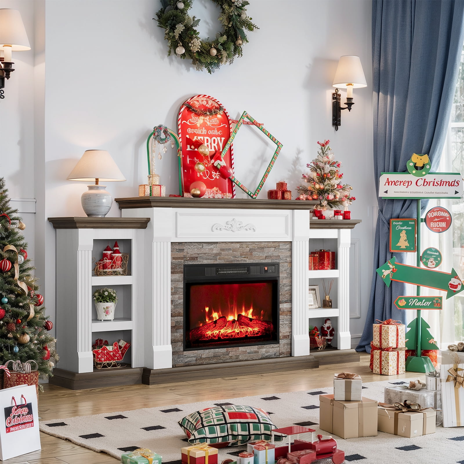 LGHM 72" Fireplace TV Stand for 75 inch 80 inch TV, Electric Fireplace with Mantel, Farmhouse Entertainment Center with 23" Electric Fireplace, White Brown