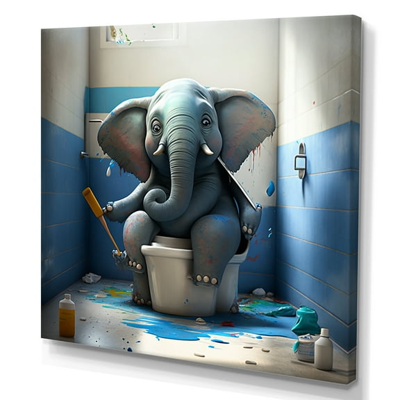 Designart Cartoon Elephant On Toilet Canvas Wall Art
