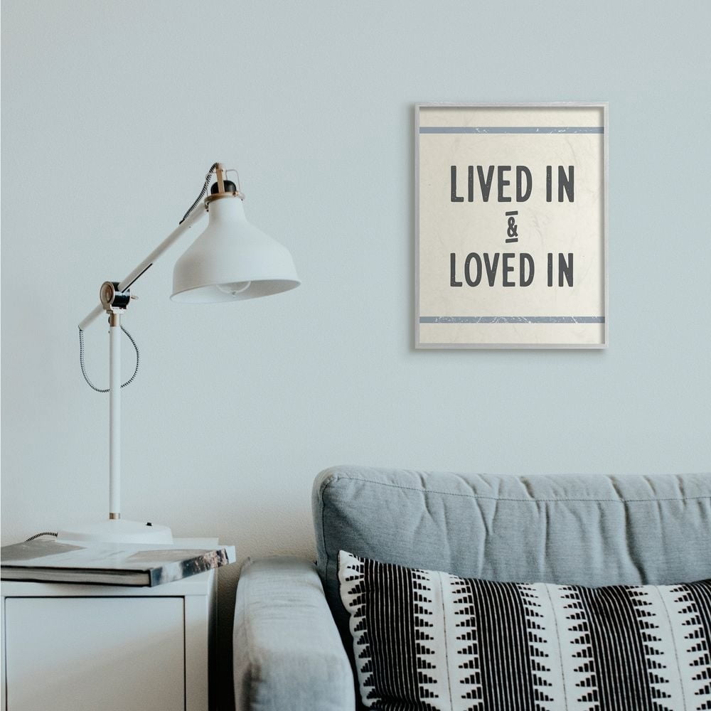 Stupell Industries Lived In Loved In Phrase Blue Bistro Stripe Gray Framed by Daphne Polselli