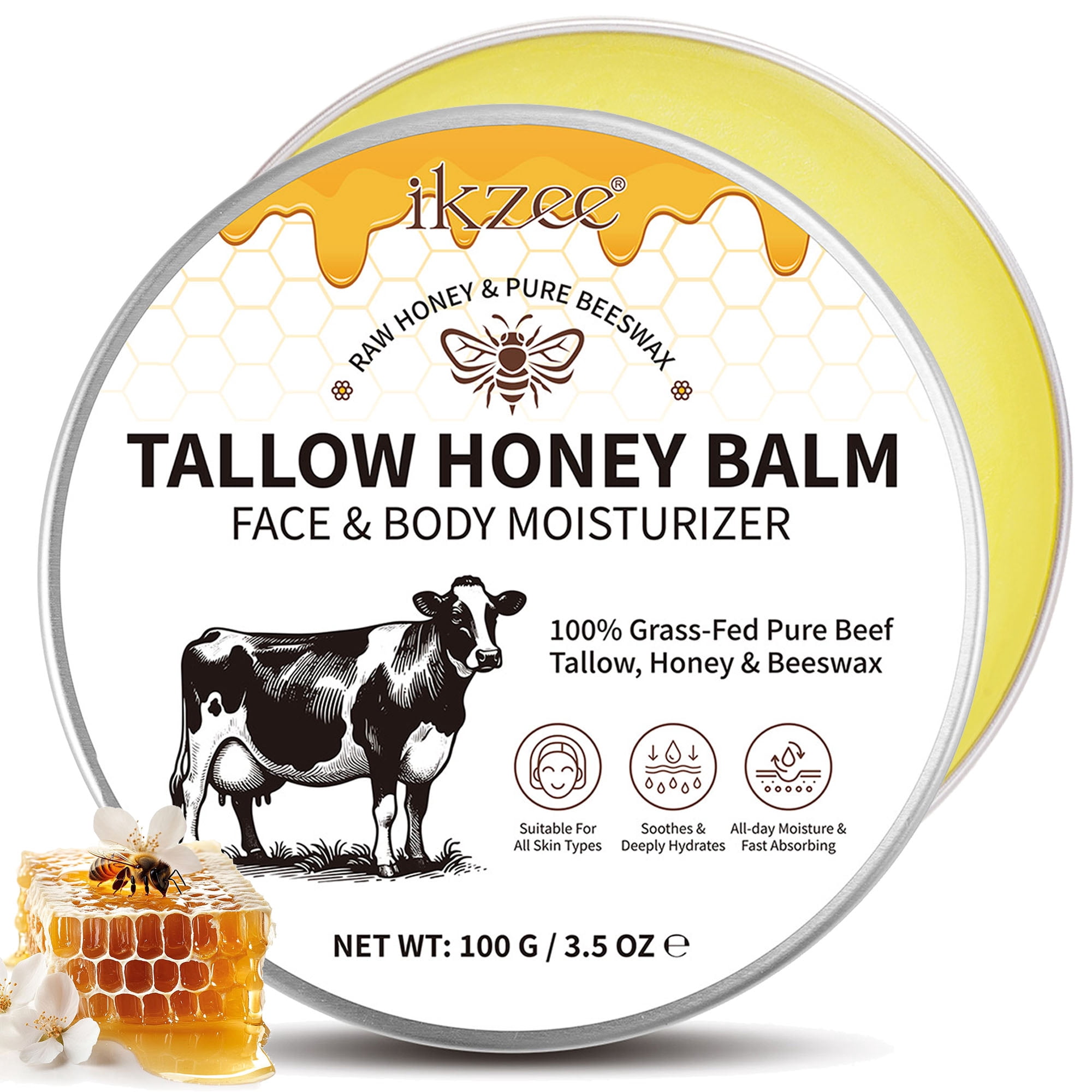 (3 pack) Ikzee Beef Tallow Balm for Skin Care 3.5oz, Face Cream Body Moisturizer, Tallow Honey Balm, Raw Honey & Pure Beeswax