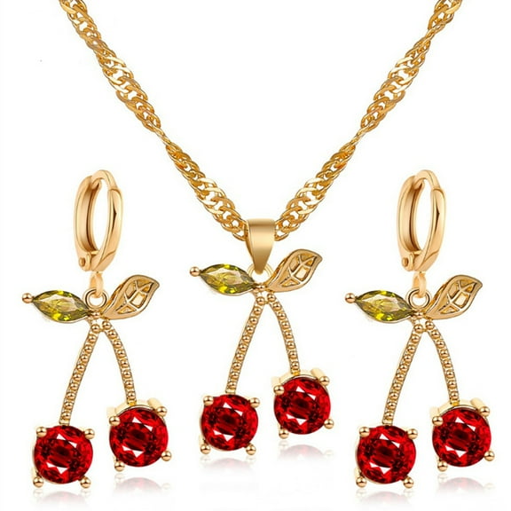 Tnobhg 1 Set Necklace Earring Suit Cute Gemstone Cherry Women's Simple Versatile Faux Crystal Necklace Accessories