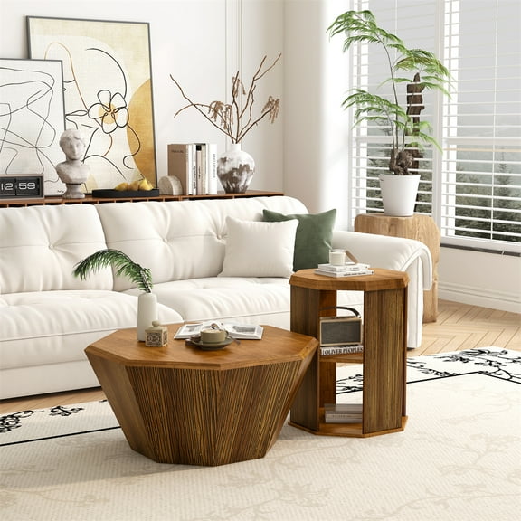31.5" Farmhouse Coffee Table Octagonal Wooden Coffee Table Modern Rubber Wood Side Table Accent Center Table for Living Room