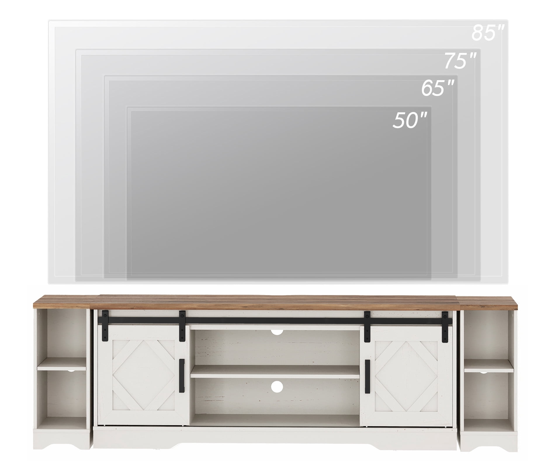 WAMPAT Farmhouse TV Stand with Sliding Barn Doors, Media Console with 3-Tier Adjustable Shelf for TVs up to 85", Rustic Wood Entertainment Center for Living Room,Cream White