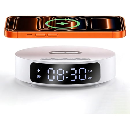 Alarm Clock Charging Station, 15W Fast Wireless Charger with Alarm Clock, LED Display, Wireless Charge Mat, Mini Desk Clock with Wireless Charging Station for Bedroom, Music Gifts for Women & Men