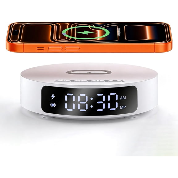 Alarm Clock Charging Station, 15W Fast Wireless Charger with Alarm Clock, LED Display, Wireless Charge Mat, Mini Desk Clock with Wireless Charging Station for Bedroom, Music Gifts for Women & Men