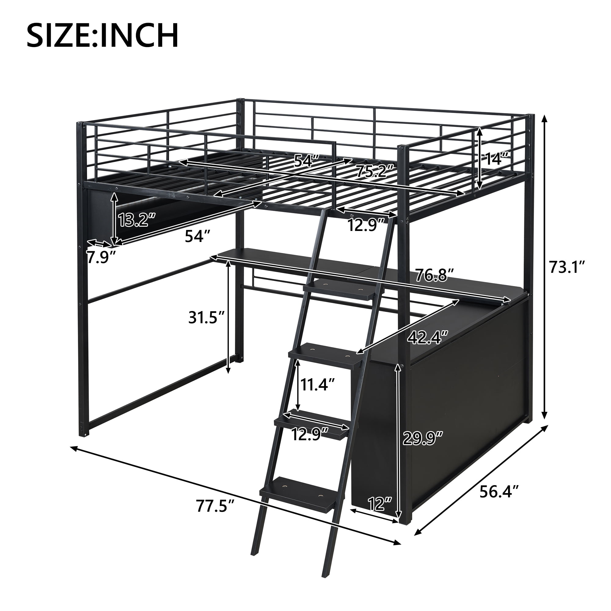 Euroco Metal Full Size Loft Bed, Gaming Bed with Desk and LED Light for Kids Teens