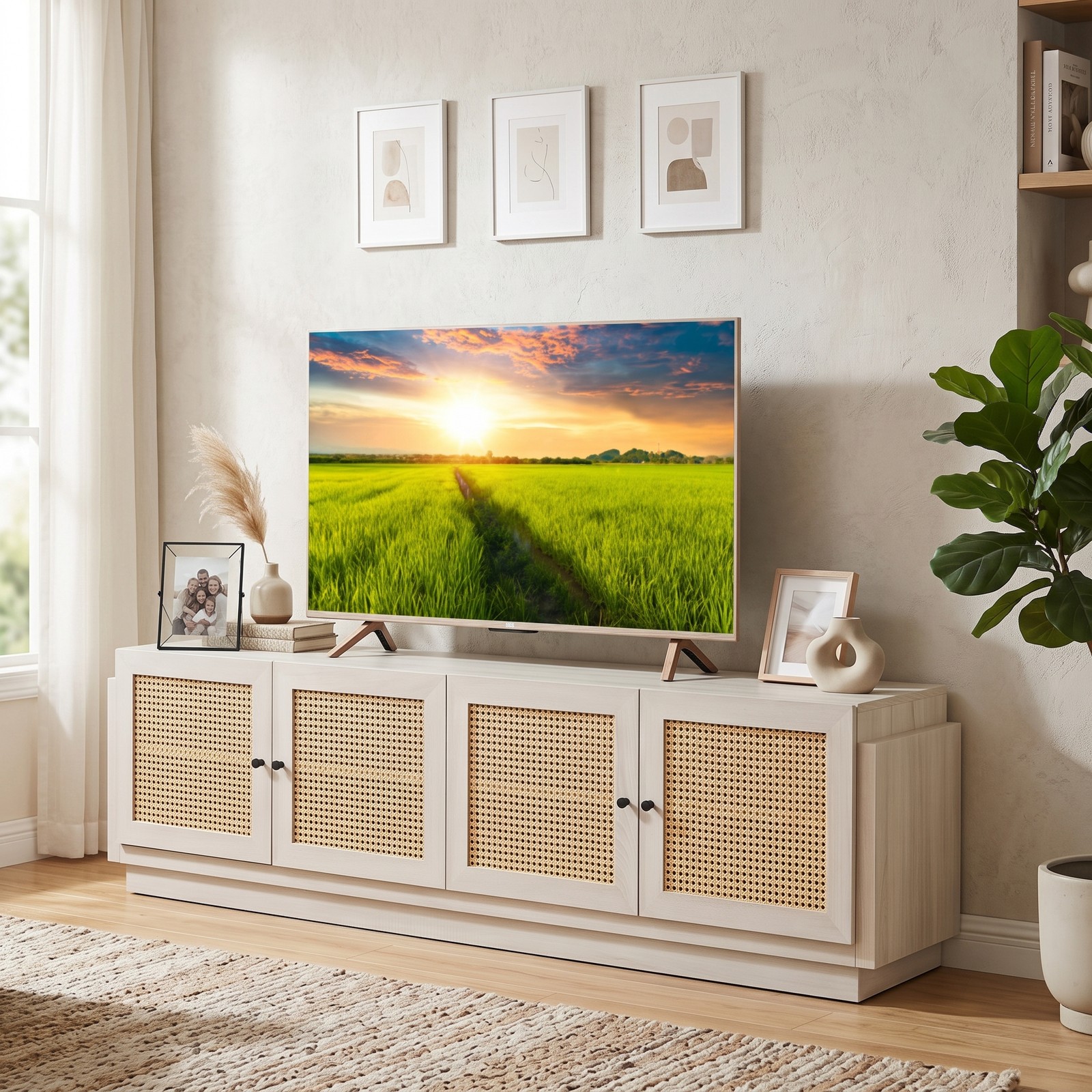 Furnibear Farmhouse TV Stand for TVs up to 75 Inches, 70 Inch Entertainment Center with PE Rattan Cabinet Doors and Adjustable Shelves, Rattan Media Console for, White