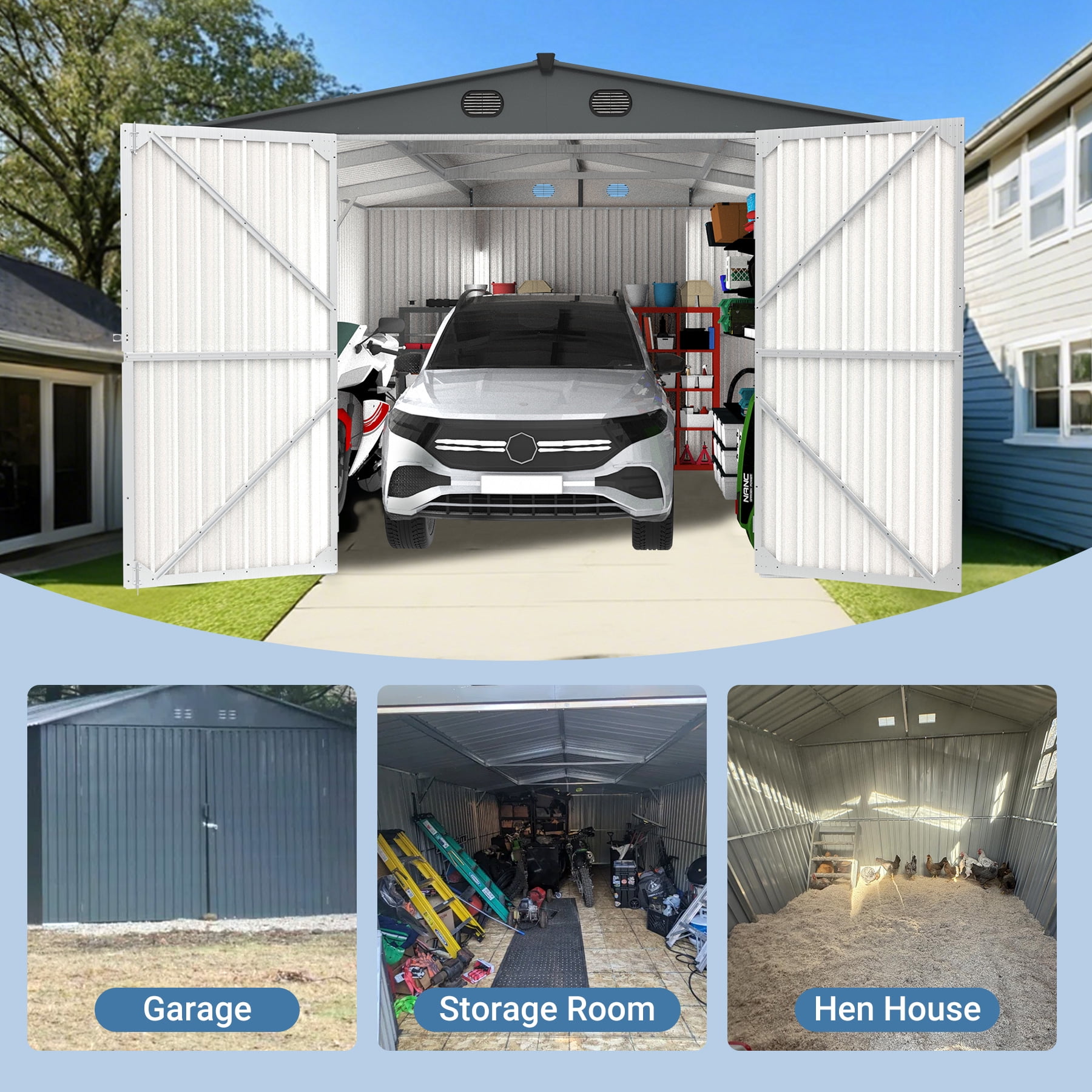 13x20 Ft Outdoor Metal Garage Shed, Extra Large Storage Shed with Double Hinged Doors, Carport for Car, Truck, Bicycle and Garden Equipment, Dark Gray