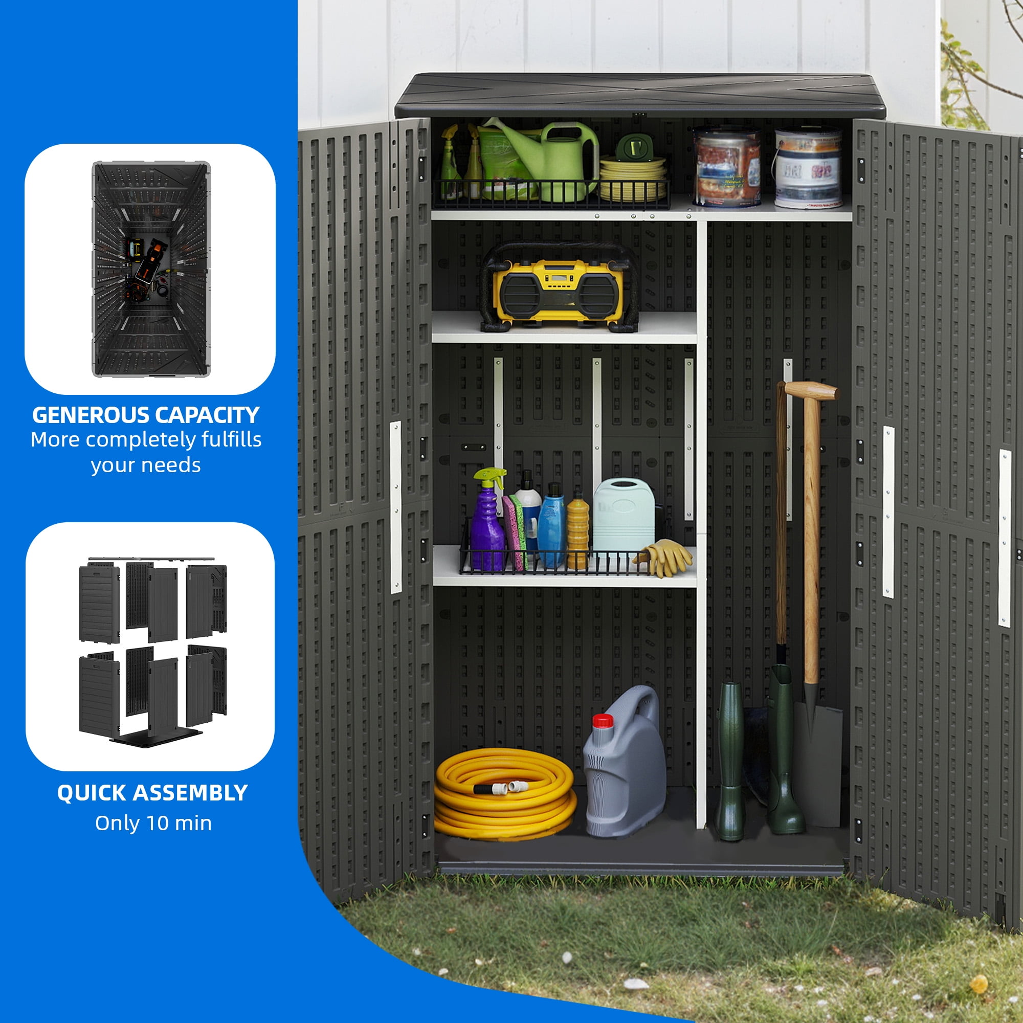 Dextrus Outdoor Vertical Storage Shed, 25 Cubic Feet without Shelving for Bicycles, Garden Tools, Garage, Poolside, Dark Gray & Black