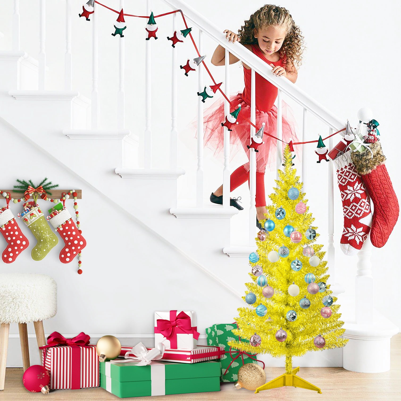 4FT Gold Christmas Tree with 50 UL Lights, 122 PVC Tips, Prelit Artificial Holiday Tree for Indoor Decoration, Small Space, Tabletop, Apartment, Office