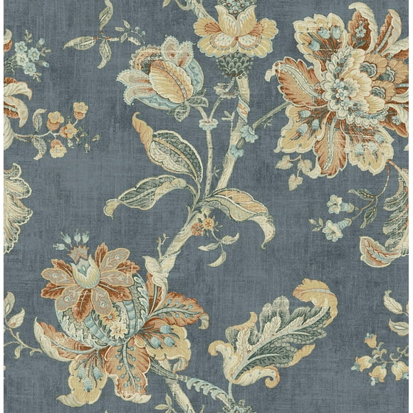 Wallquest Papier Peint Jacobéen Tan Rouge Vert Bleu Vigne Florale sur Fond Bleu Faux