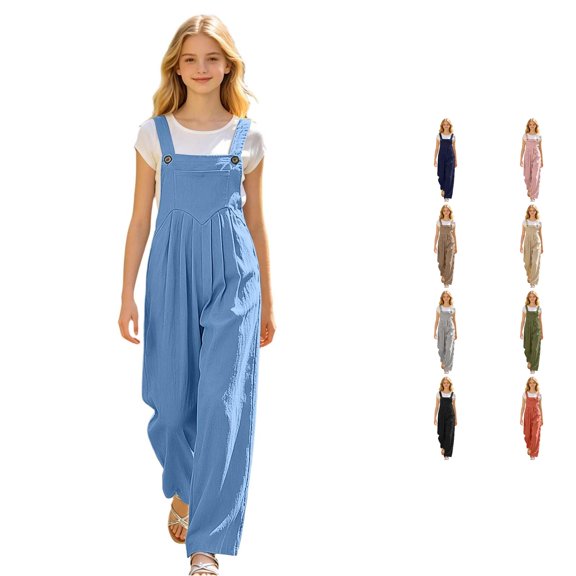 WhouRiu Girls Casual Overalls Solid Color Loose Fit Pants Kids Autumn Everyday Trousers