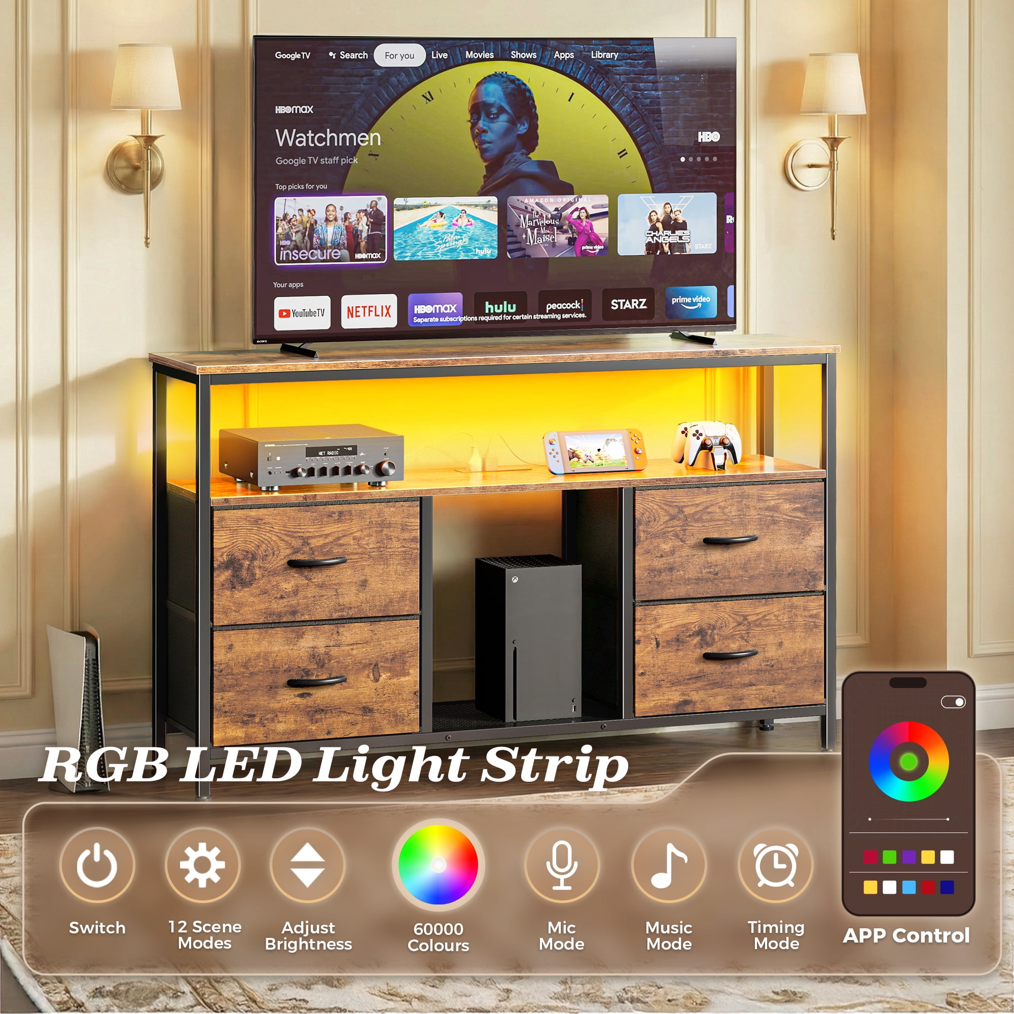 Amadwell TV Stand with Power Outlets & LED Lights, 4 Drawer Dresser Entertainment Center, Media Console with Open Shelf