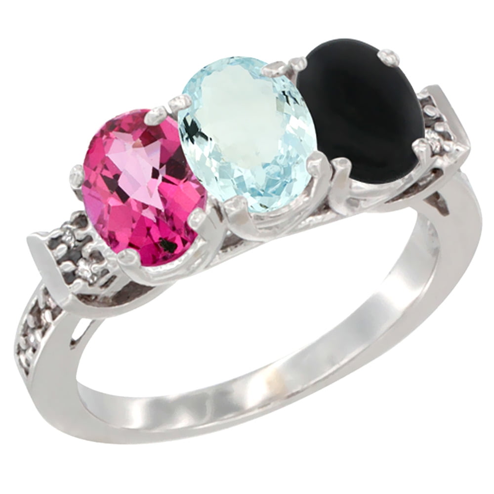 10K White Gold Natural Pink Topaz, Aquamarine & Black Onyx Ring 3-Stone Oval 7x5 mm Diamond Accent, sizes 5 10 by WorldJewels