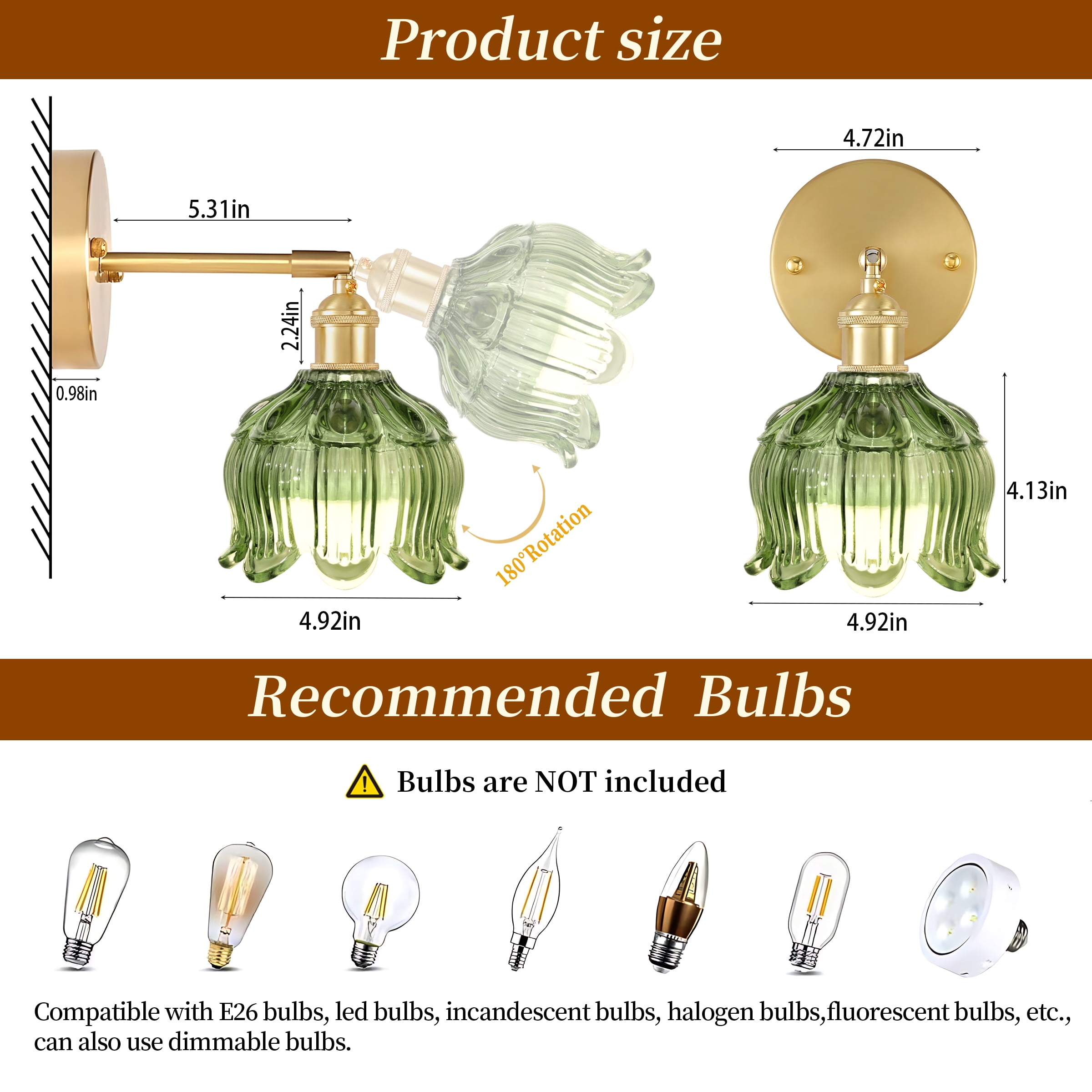 Vintage Battery Operated Wall Sconce with Flower lampshade,Rechargeable Battery Powered Wall lamp with 15 Colors for Bedroom Living Room Home Decor (Flower Green, 2 Light Battery Operated)