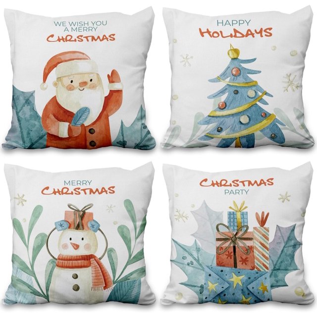 Fundas de Cojines navideños 45x45cm Papá Noel Pino Muñeco de Nieve Fundas de Almohada de Temporada Lino Feliz Navidad Cojines para sofá Festivo de Invierno Regalo navideño Doble Cara 4 Piezas