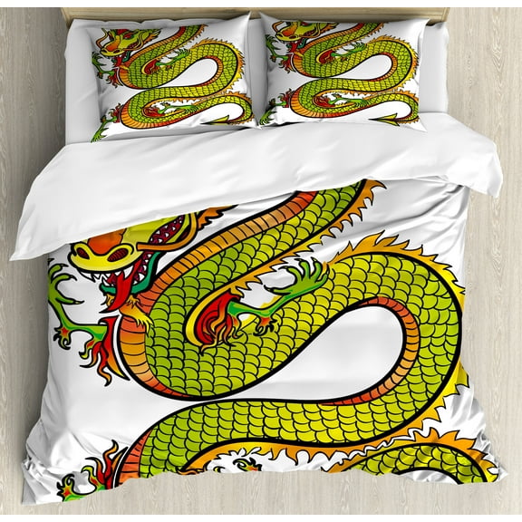Dragon Duvet Cover Set, Japanese Old Fashion Folk Myth Creature in Vibrant Toned Design, Decorative 3 Piece Bedding Set with 2 Pillow Shams, Calking Size, Lime Green Marigold Red, by Ambesonne