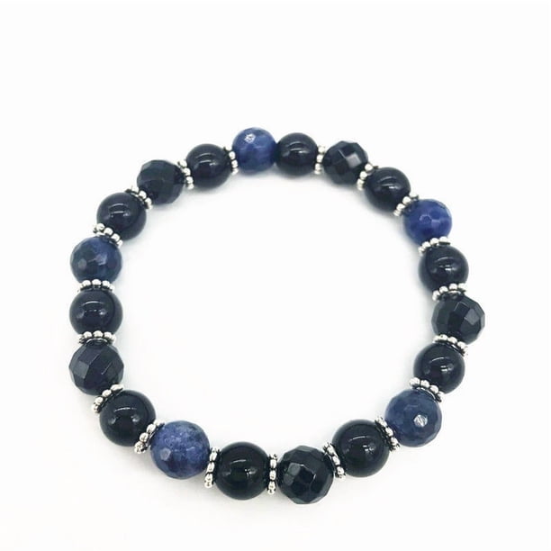 (Bulletproof Youth League) Natural Black Onyx & Blue Tigers Eye Round Shape Smooth Cut Beads Stretchable Bracelet for Men & Women