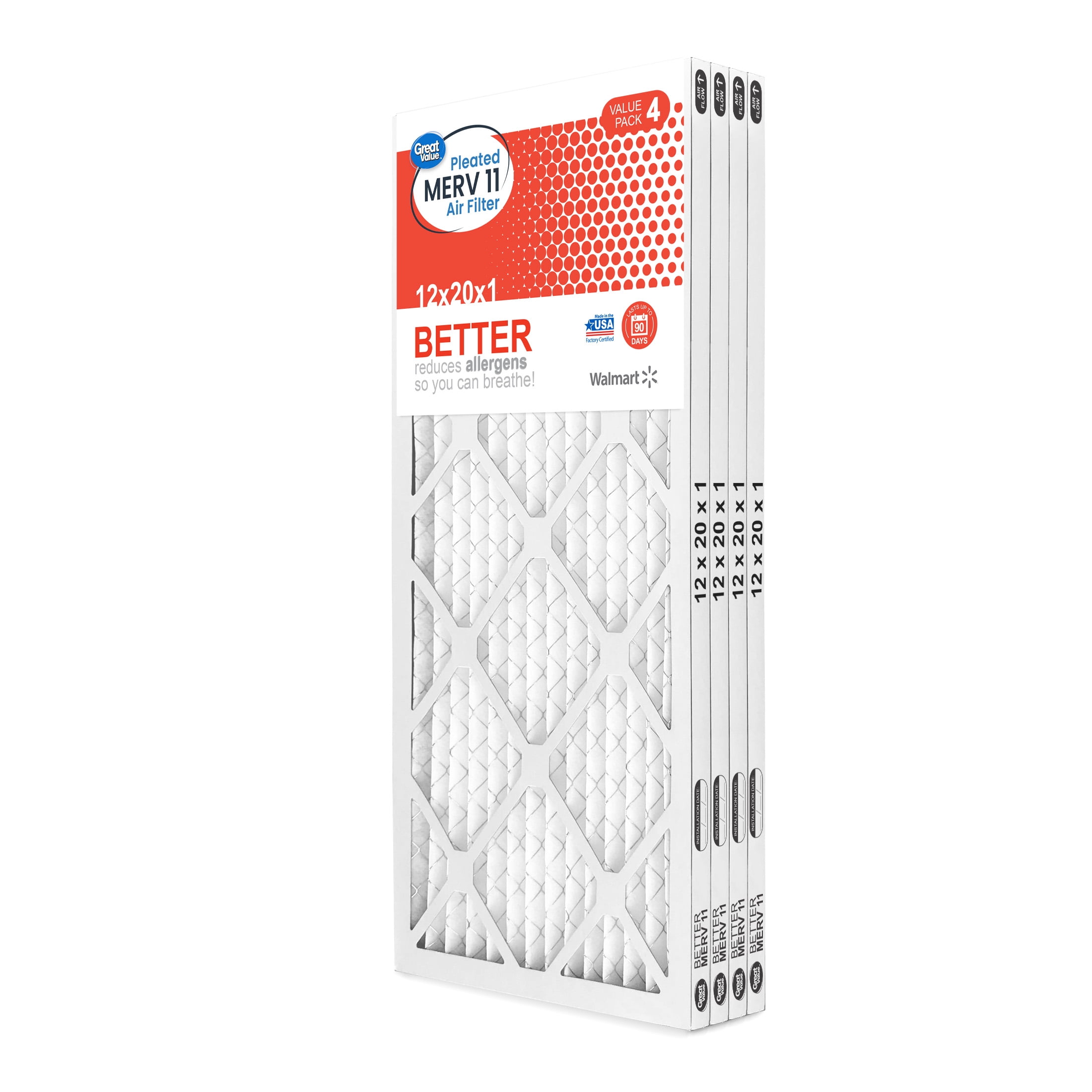 Great Value; 12x20x1; MERV 11 BETTER HVAC Air and Furnace Filter; Reduces Allergens; 4 Filters