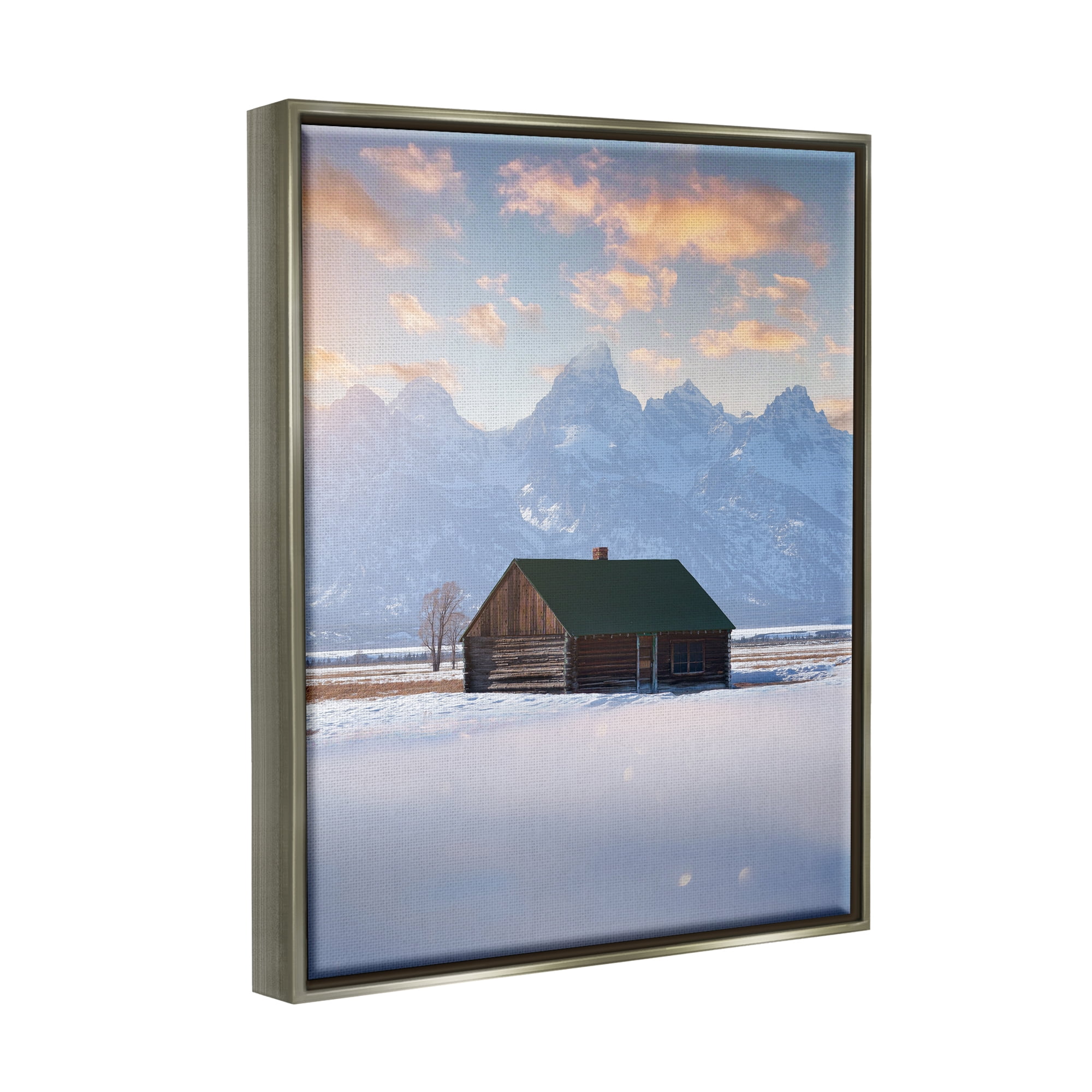 Stupell Industries Snowy Winter Cabin Landscape Photography Gray Floater Framed Canvas Art Print Wall Art, 17 x 21