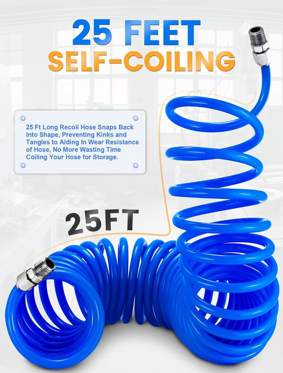 25 Feet Repairable PU Recoil Air Hose, Air Compressor Hose with 1/4" NPT Industrial Universal Quick Coupler and I/M Plug Kit, 200PSI Max Air Tool Hose