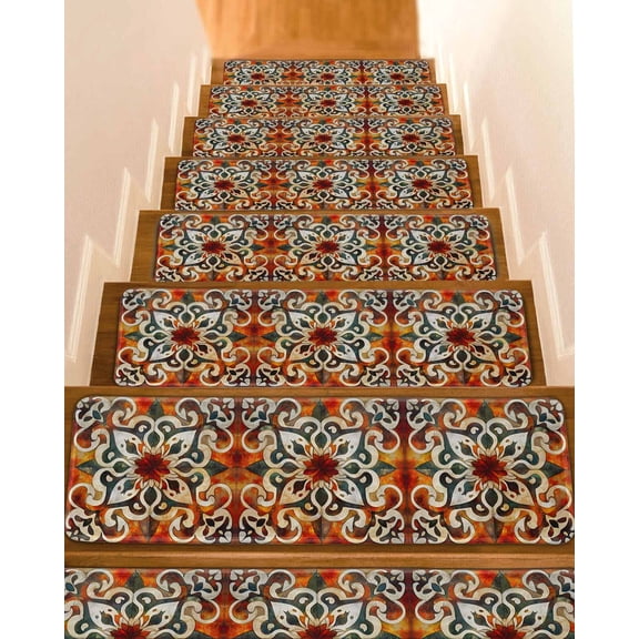 Stair Treads for Wooden Steps, Burnt Orange Green Peel and Stick Stair Treads with Reusable Adhesive, Vintage Abstract Flowers Non Slip Indoor Stairs Runner Rugs Mats for Elders Dogs 8"x30" 10PCS