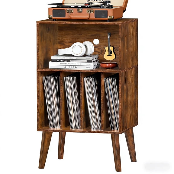 LELELINKY Record Player Stand with 4 Vertical Compartments   Large Storage, Holds 160 Albums, Mid-Century Turntable Cabinet with Wood Legs, Brown