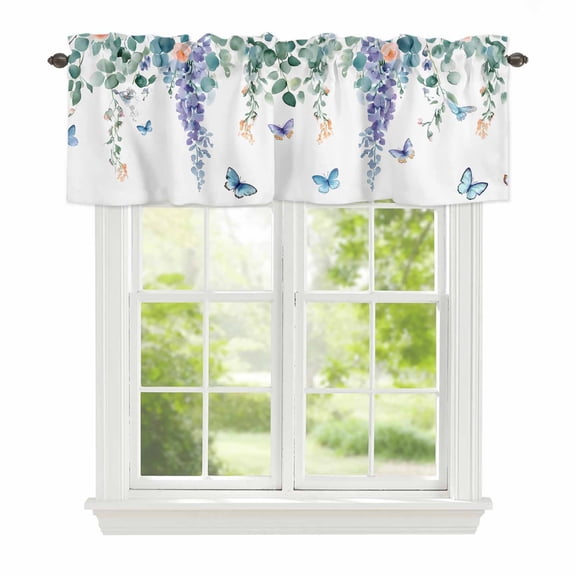 Valance Curtains for Windows Eucalyptus Leaves Kitchen Curtians Window Treatment Butterfly Flower Topper Curtain Rod Pocket Valances for Kitchen Bathroom Living Room 60x18in