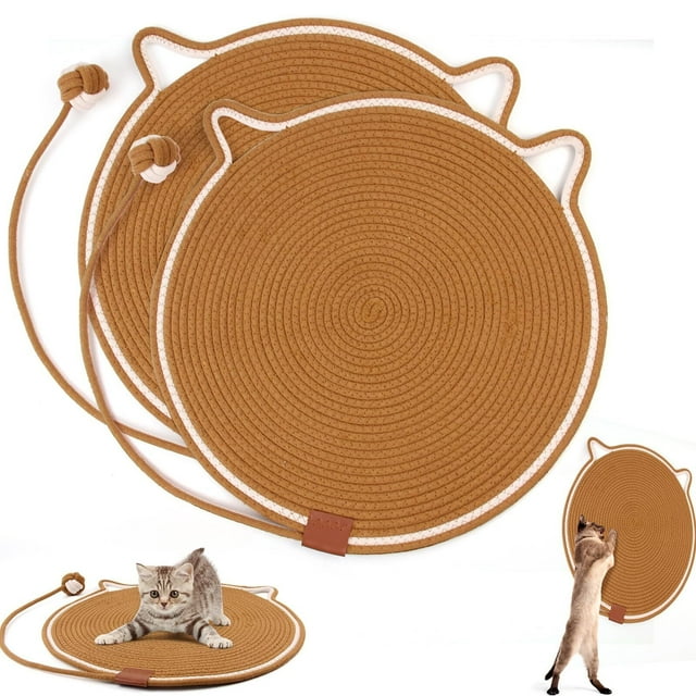 2 alfombrillas de doble rascador para gatos, cuerda de algodón natural para mascotas, protector de sofá redondo horizontal con juguete para gatos para interiores (café, 16.5 pulgadas)
