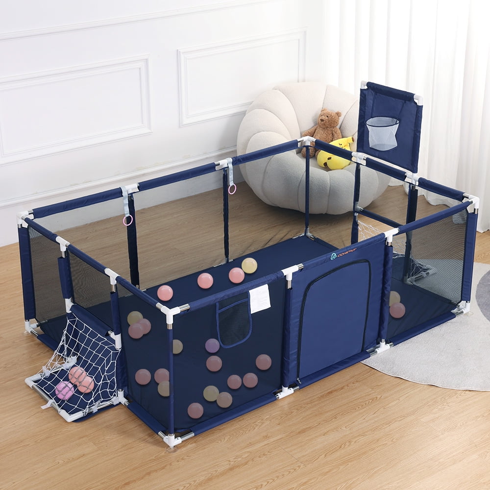 Baby Playpen,71 Inch Extra Large Baby Playard With Basketball Hoop and  Breathable Mesh,Children Kids Play Fence for Indoors Outdoors,Blue