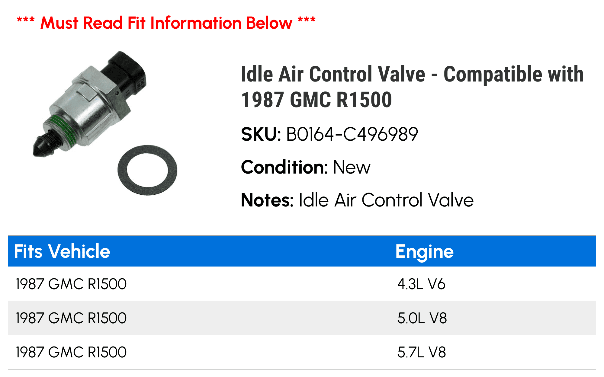Idle Air Control Valve - Compatible with 1987 GMC R1500