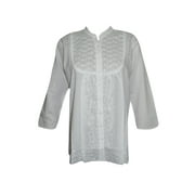 Mogul Women's Indian Tunic White Ethnic Embroidered Button Front Kurti Blouse Shirt M