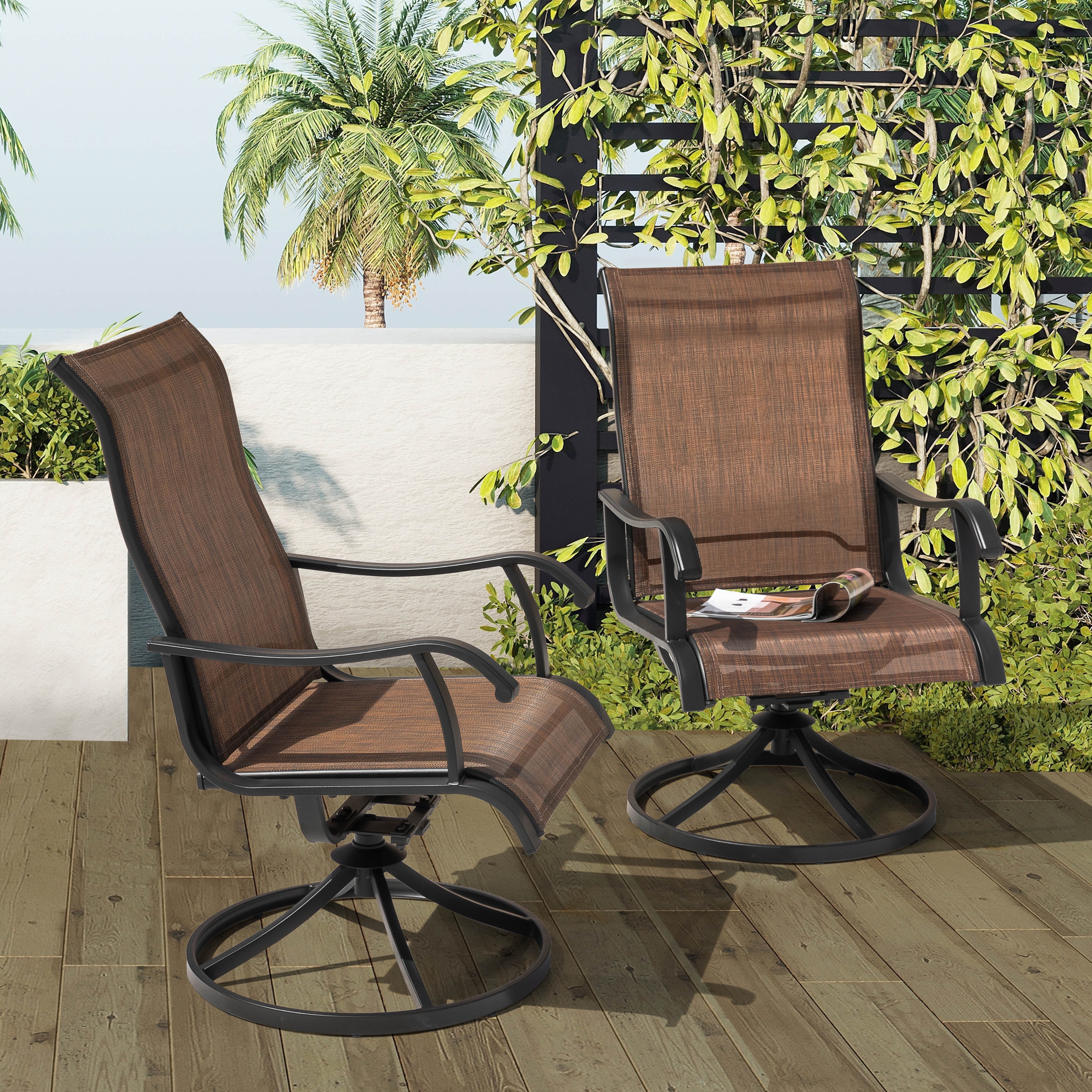 Nuu Garden Patio Dining Chairs, Swivel Patio Sling Chairs Set of 2 All-Weather Textilene Outdoor Chairs with Iron Frame for Outdoor Lawn Garden Backyard, Brown