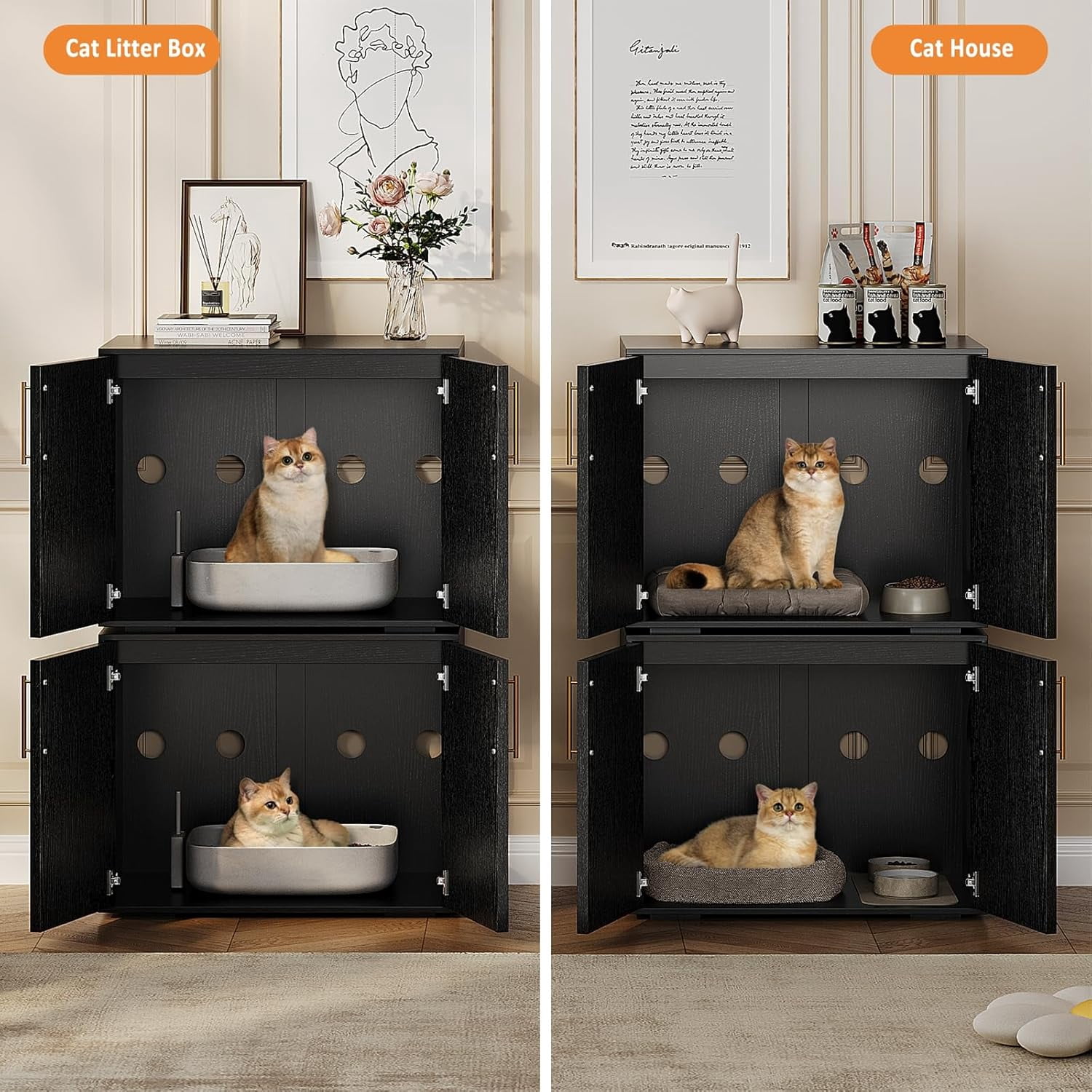 Garvee Cat Litter Box Enclosure, Hidden Cat Litter Box Cabinet with Double Doors, Ventilation, and Cushion Pads, Farmhouse Wooden Kitty Furniture for Cats and Small Pets, Black