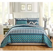 GrandLinen 3-Piece Fine Printed Oversize (100" X 95") Quilt Set Reversible Bedspread Coverlet Queen Size Bed Cover (Turquoise, Navy, Blue Geometric)
