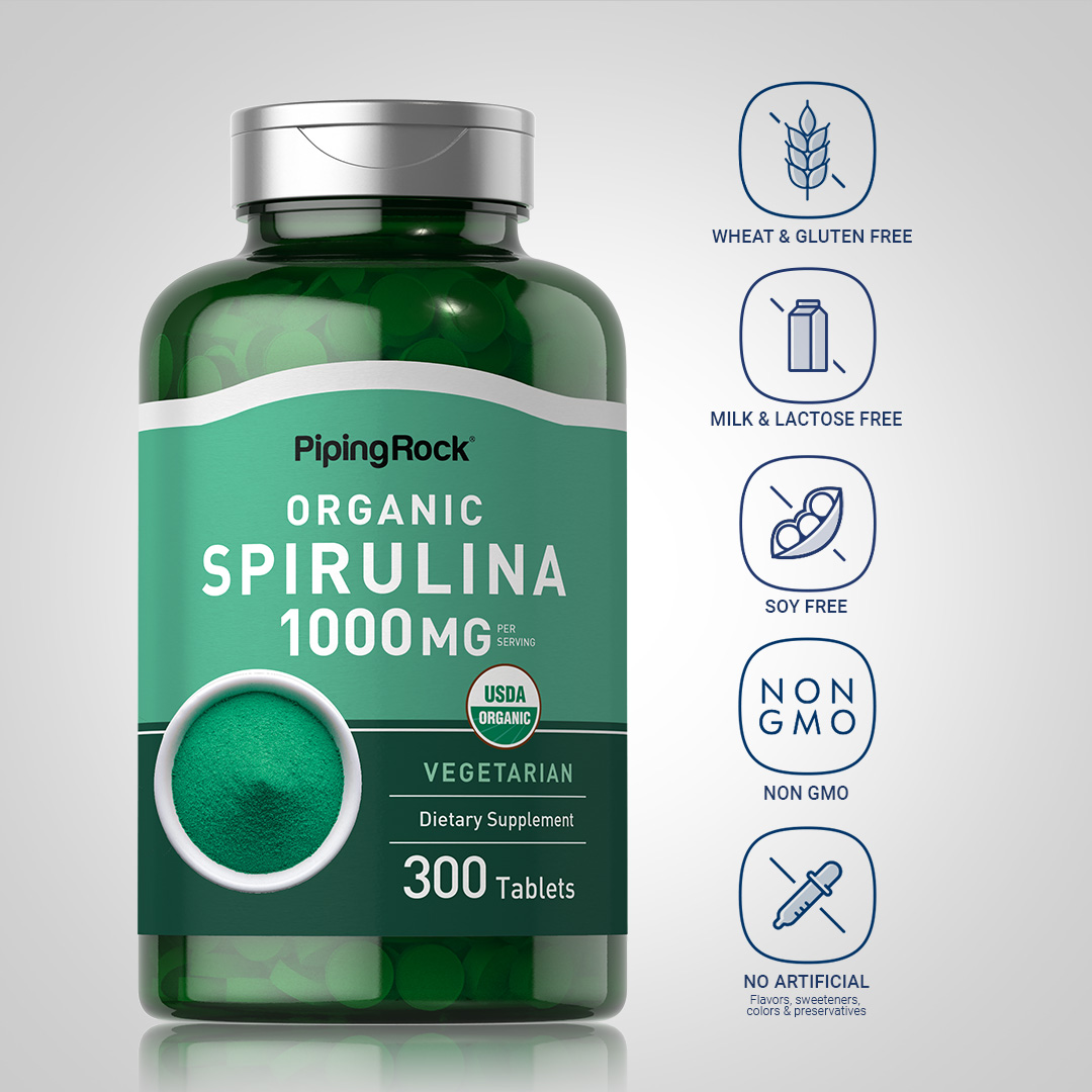 Tabletas de espirulina orgánica | 1000 mg | 300 unidades | Suplemento para hombres y mujeres | de Piping Rock 3