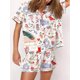 thumbnail image 1 of Conjunto de pijama de 2 piezas con estampado navideño para mujer, blusa de satén con cuello de solapa, manga corta, botones y pantalones cortos con cintura elástica, conjuntos de descanso, 1 of 1