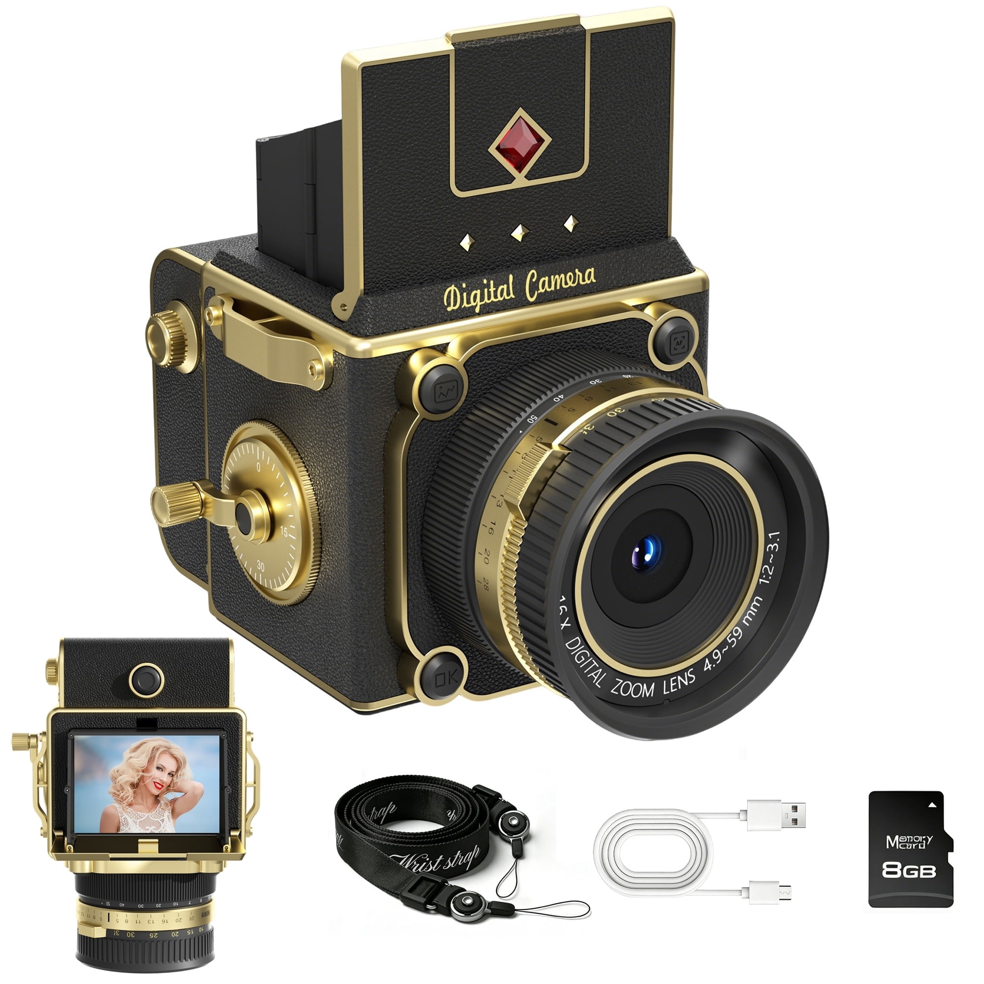 Vintage Digital Camera 2.7K 56MP Retro Portable Point and Shoot Decorative Design Autofocus Small Camera Black