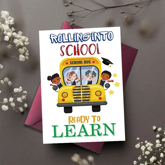 Rolling Into School Greeting Card – Fun School Bus Design – Perfect for Back to School or Encouragement – Envelope Included, Blank Inside