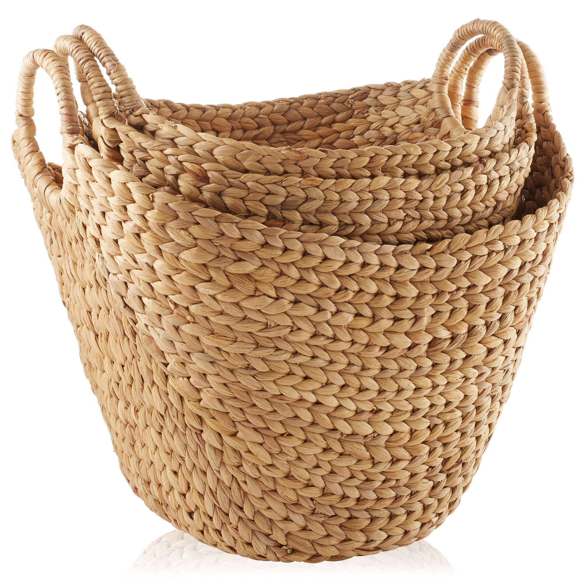 Casafield Set of 3 Boat Baskets with Handles - Natural, Woven Water Hyacinth Storage Organizers for Blankets, Laundry, Bathroom, Bedroom, Living Room