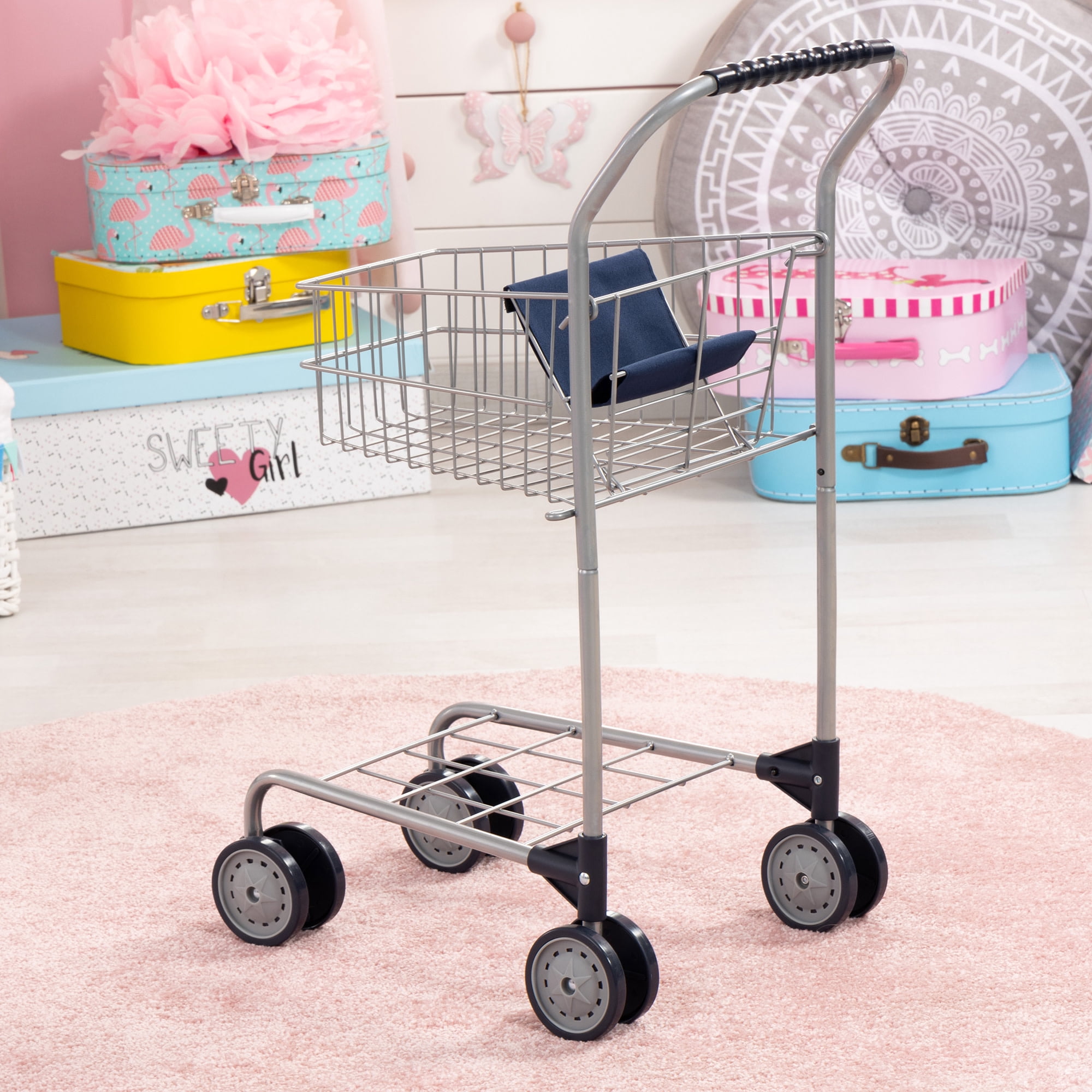 Bayer Design: Shopping Cart - Grey & Blue - Grocery Pretend Play Toy, Spacious Basket Holds Toys & Dolls, Lightweight, Dual Wheels, Toddler-Kids 18mo+