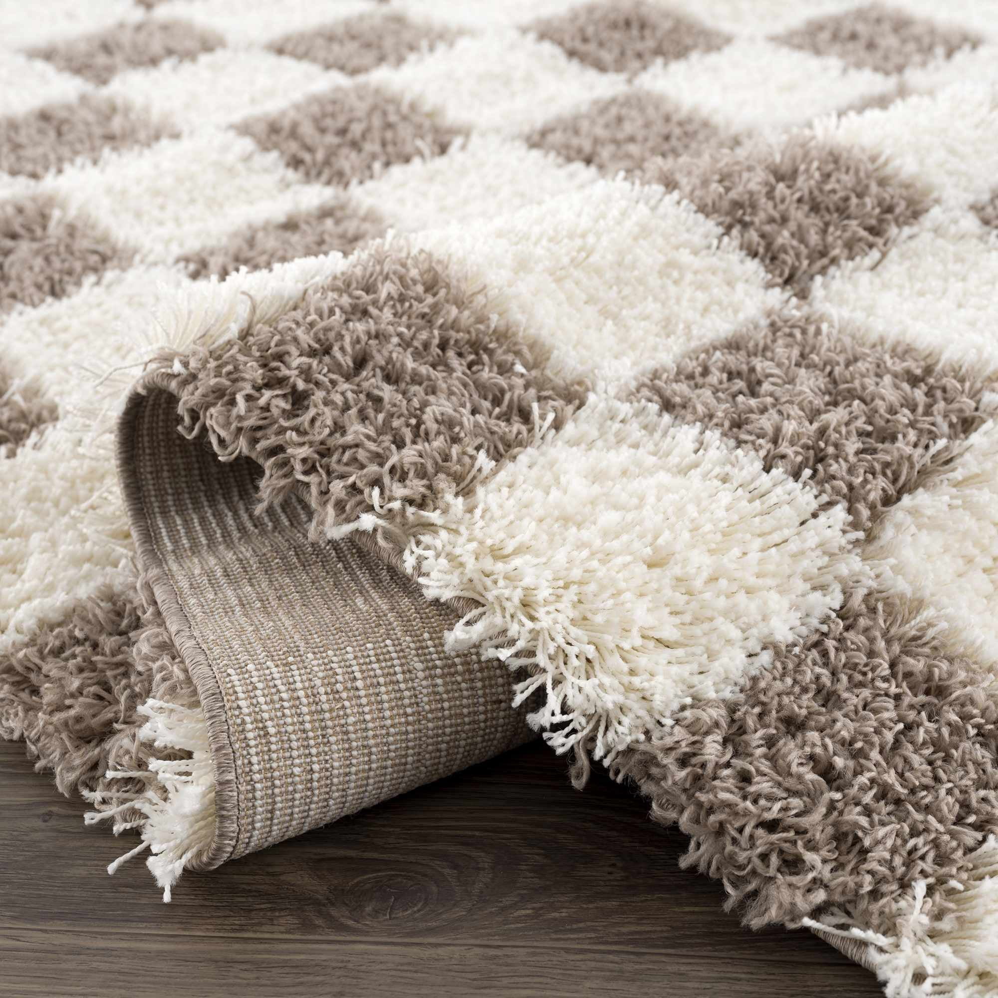 Hauteloom Marshmallow Contemporary Checkered Fluffy Shag Area Rug - Modern Geometric Carpet Tiles for Living Room, Kids Room, Nursery - Plush Pile - Cream, Brown - 8'10" x 12'