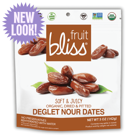Pack of 6, Fruit Bliss Soft & Juicy Organic Deglet Nour Dates Snacks, 5 oz
