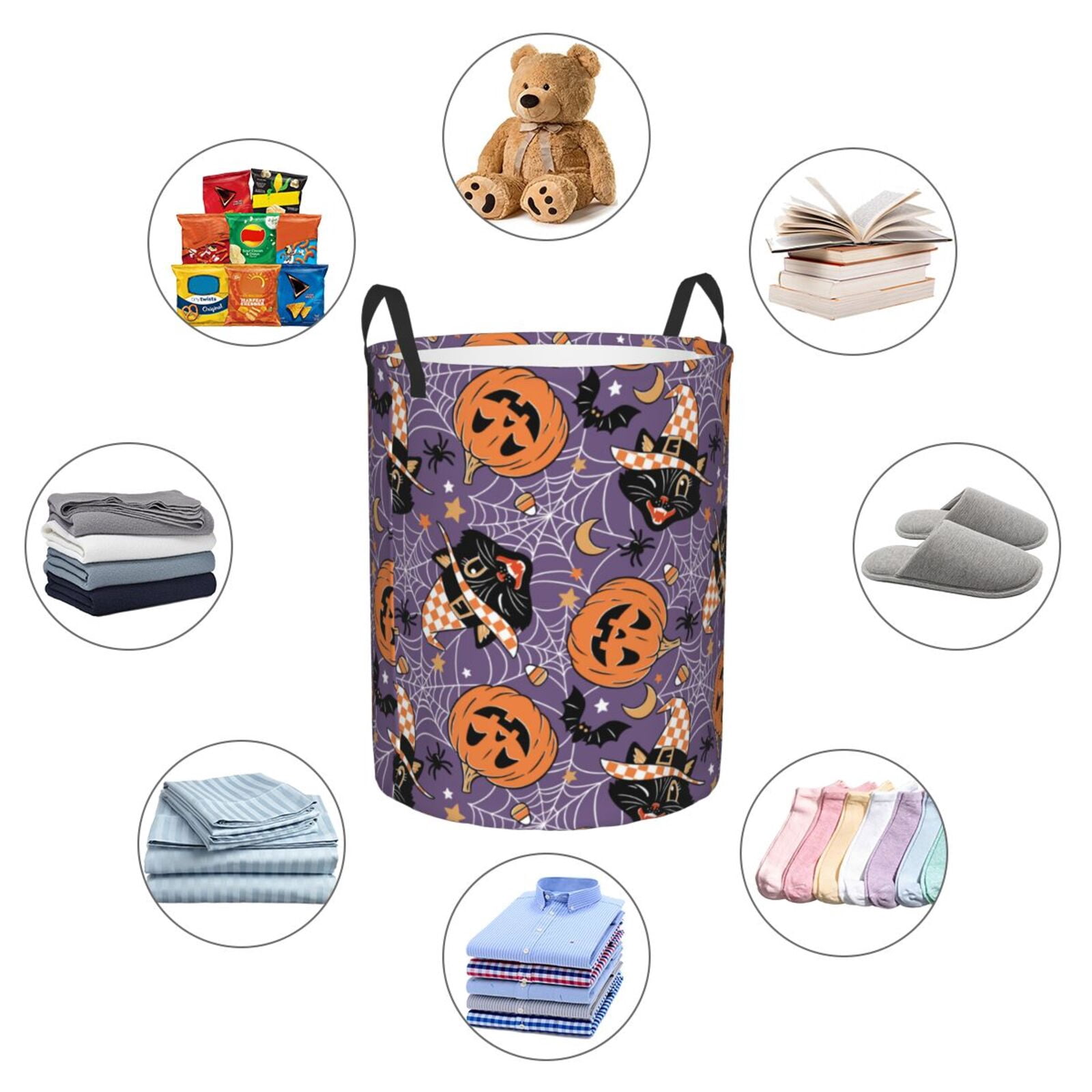 Fuzoiu Vintage Halloween Black Cat Print Circular Hamper,Laundry Basket with Handle,Collapsible Laundry,Dirty Clothes Storage Basket,for Bedroom Bathroom Dorm Living Room-Small